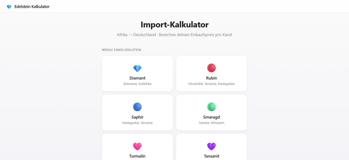 Edelstein Import-Kalkulator – Screenshot